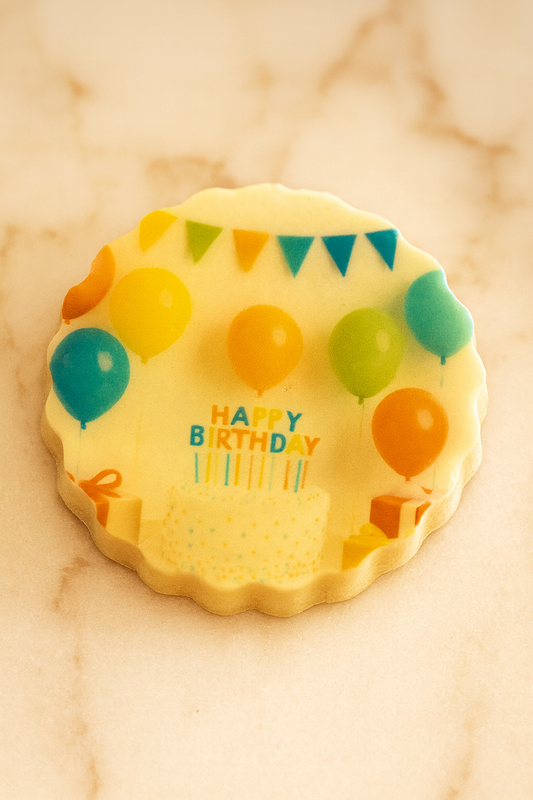 Foto Bonbon Rond 50mm Happy Birthday Hazelnoot