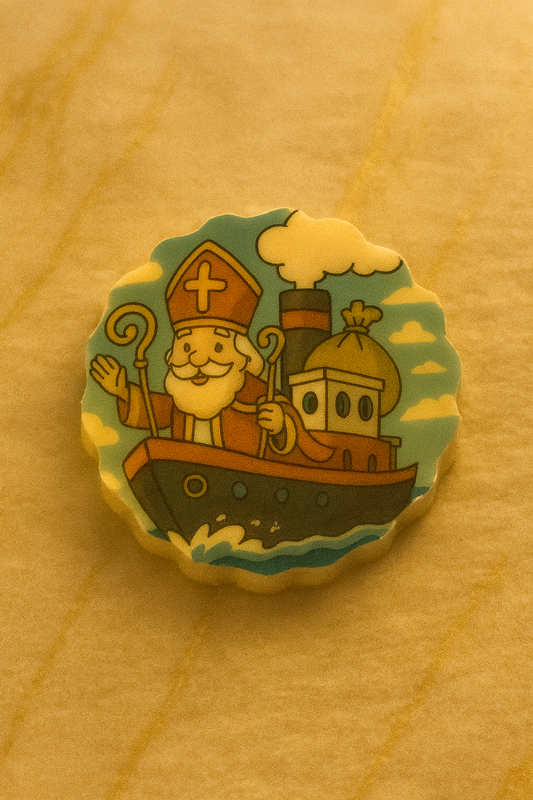 Foto Bonbon Rond 50mm Sint met Stoomboot Hazelnoot